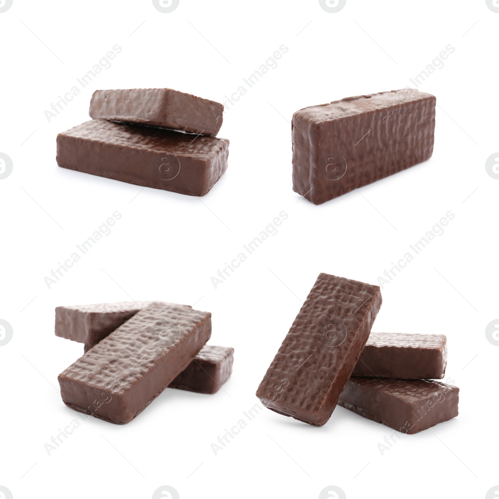 Image of Set of delicious wafers with chocolate coating on white background. Sweet food