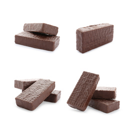 Set of delicious wafers with chocolate coating on white background. Sweet food