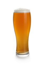 Glass of tasty light beer on white background