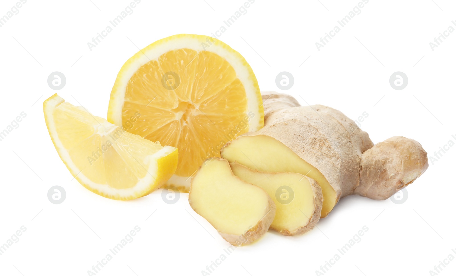 Photo of Fresh lemon and ginger on white background