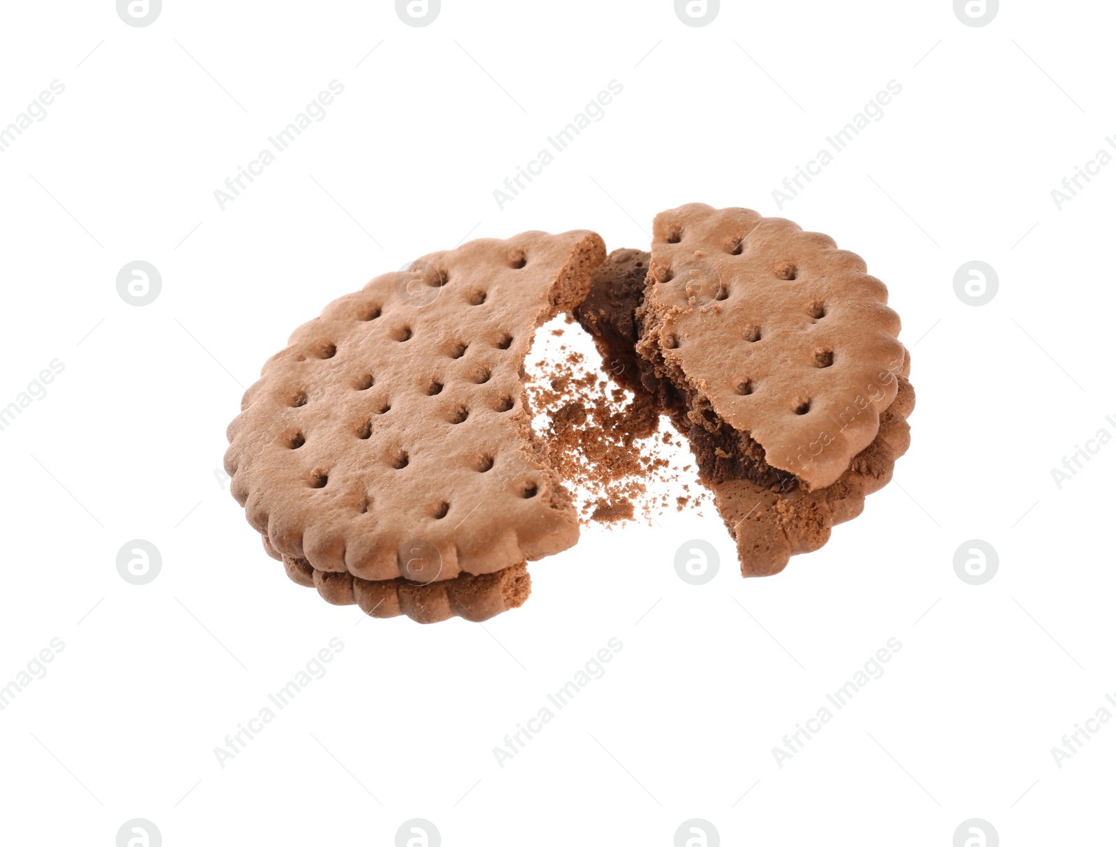 Photo of Broken tasty chocolate sandwich cookie with cream on white background