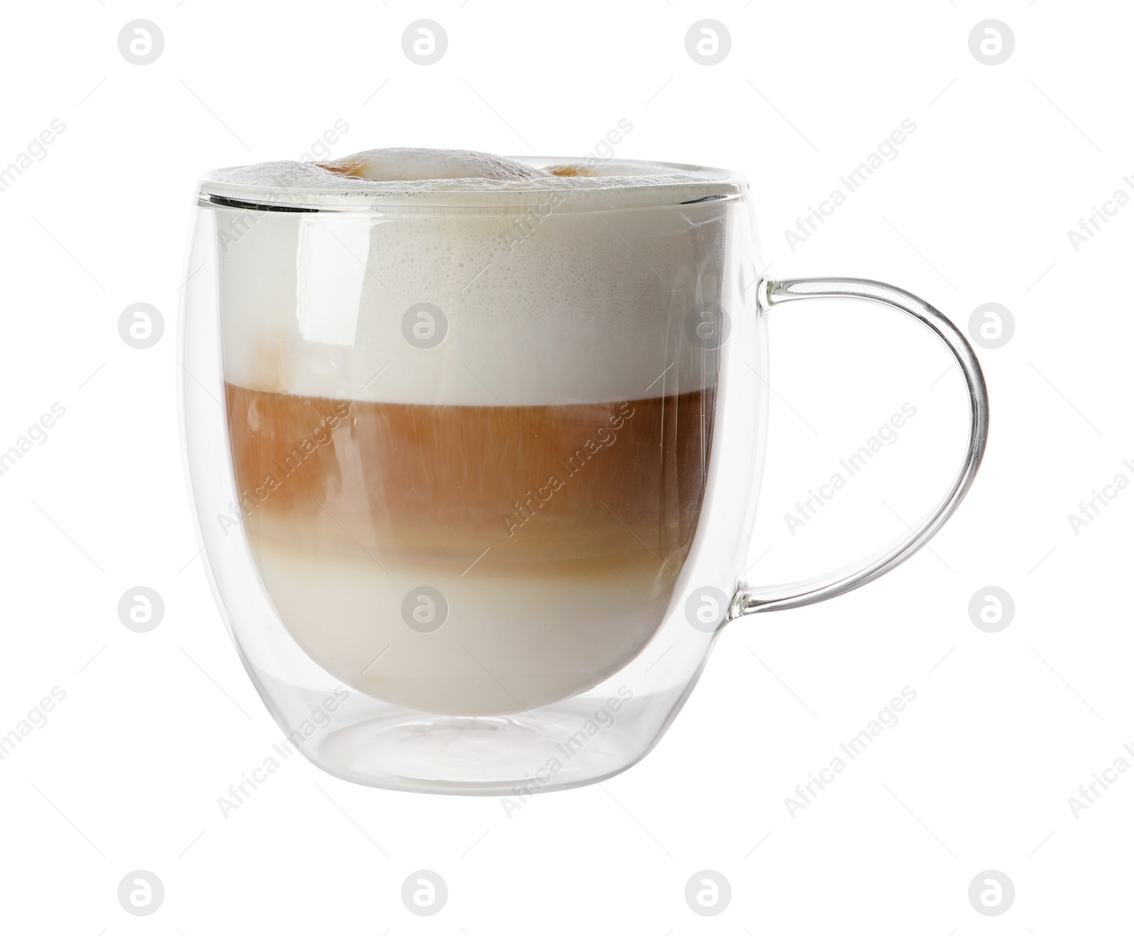 Photo of Aromatic coffee in glass cup isolated on white
