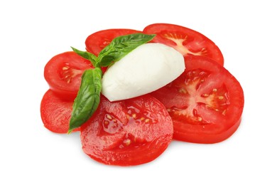 Photo of Delicious mozzarella ball, tomatoes and basil isolated on white. Cooking Caprese salad