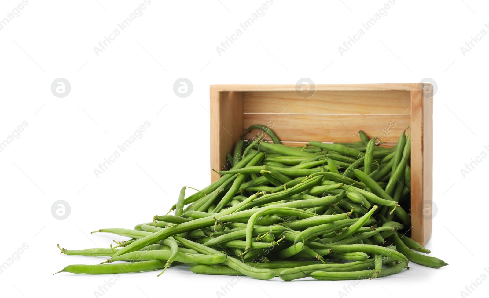 Photo of Fresh green beans and wooden crate on white background
