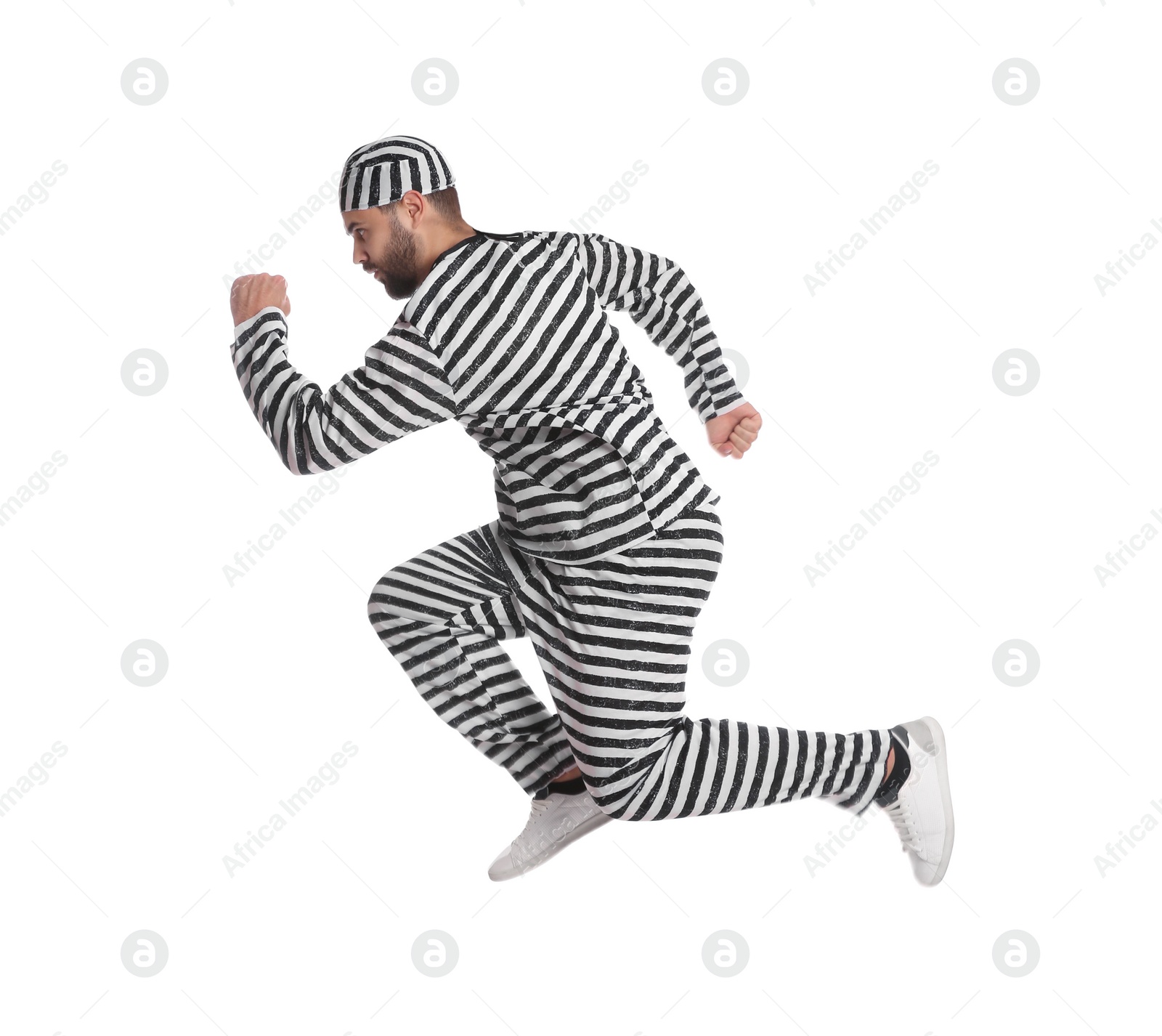 Photo of Prisoner in special uniform on white background