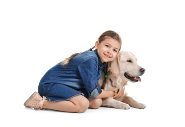 Photo of Cute little child with his pet on white background