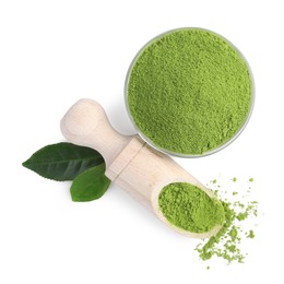 Photo of Leaves, bowl and scoop with matcha powder isolated on white, top view