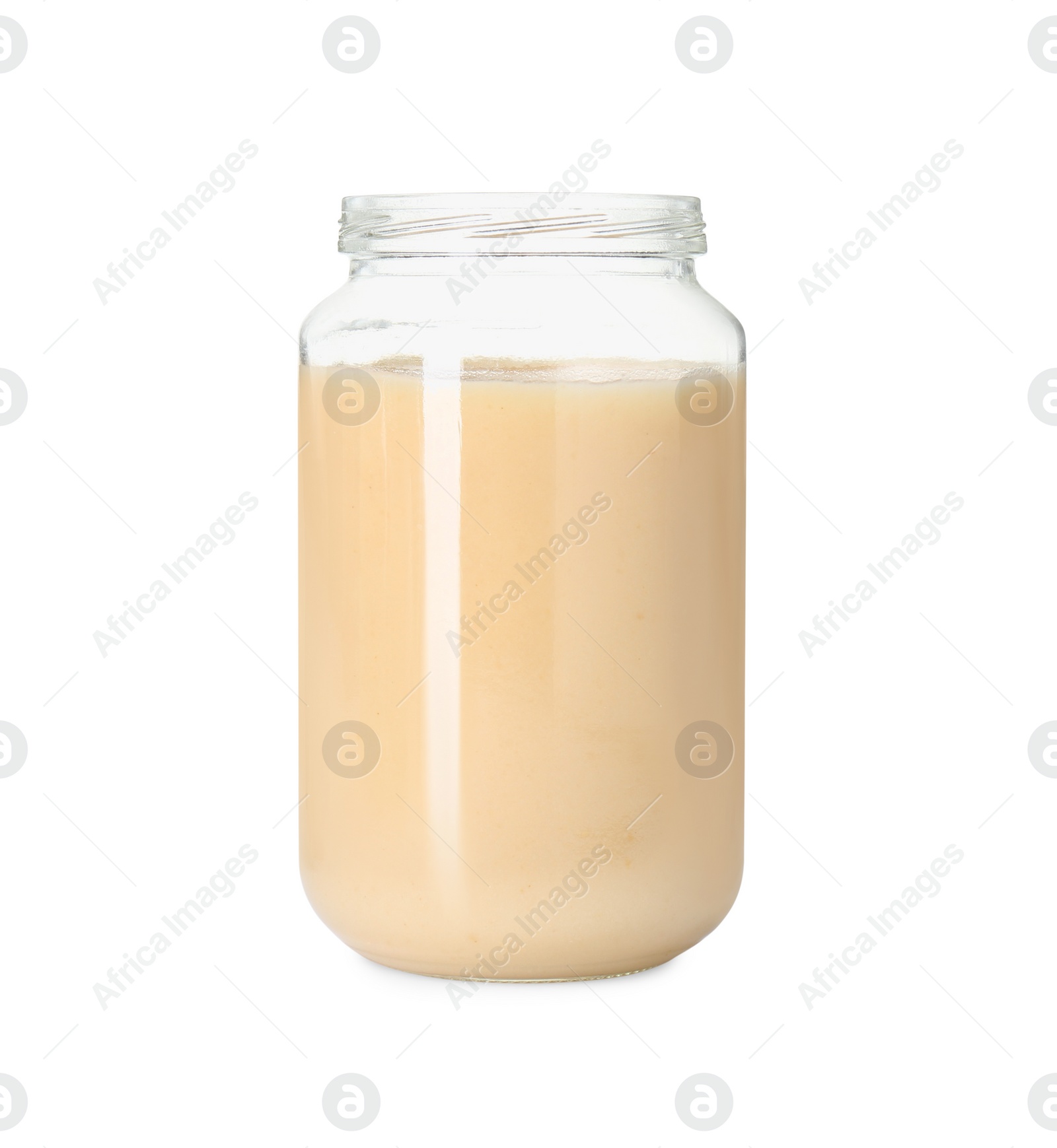 Photo of Baby food. Tasty healthy puree in jar isolated on white