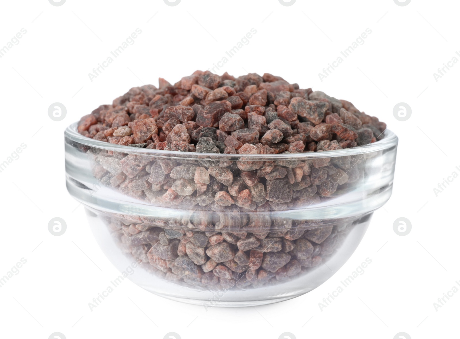 Photo of Black salt in glass bowl isolated on white