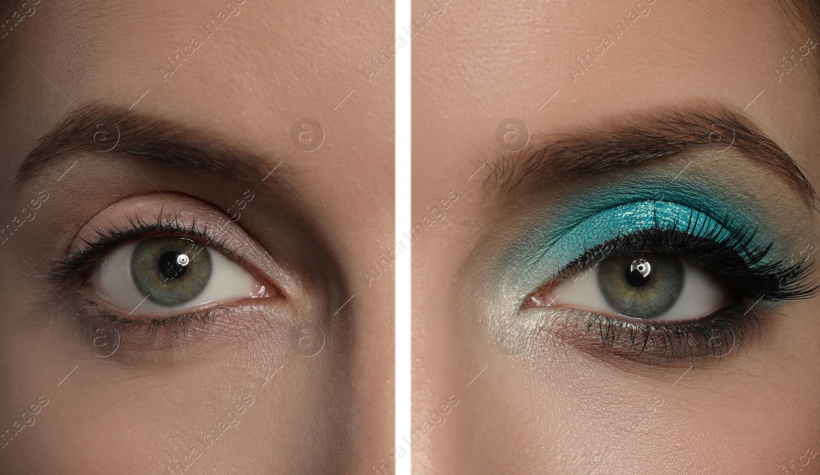 Image of Closeup view of beautiful young woman with and without makeup, collage. Eye shadow product