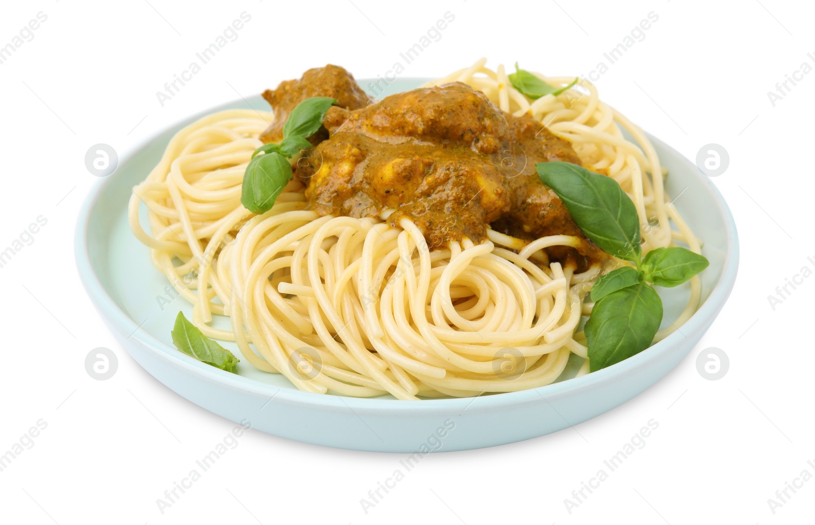 Photo of Delicious pasta and chicken with curry sauce isolated on white