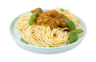 Delicious pasta and chicken with curry sauce isolated on white