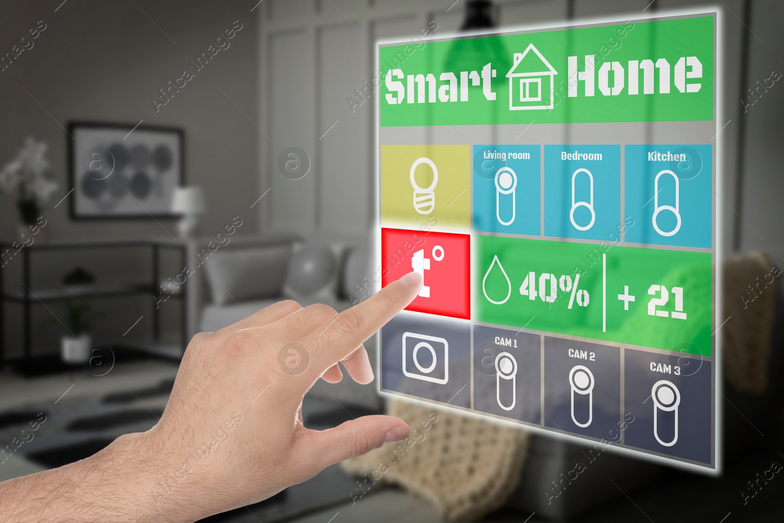 Image of Smart home system. Man using digital interface in room, closeup