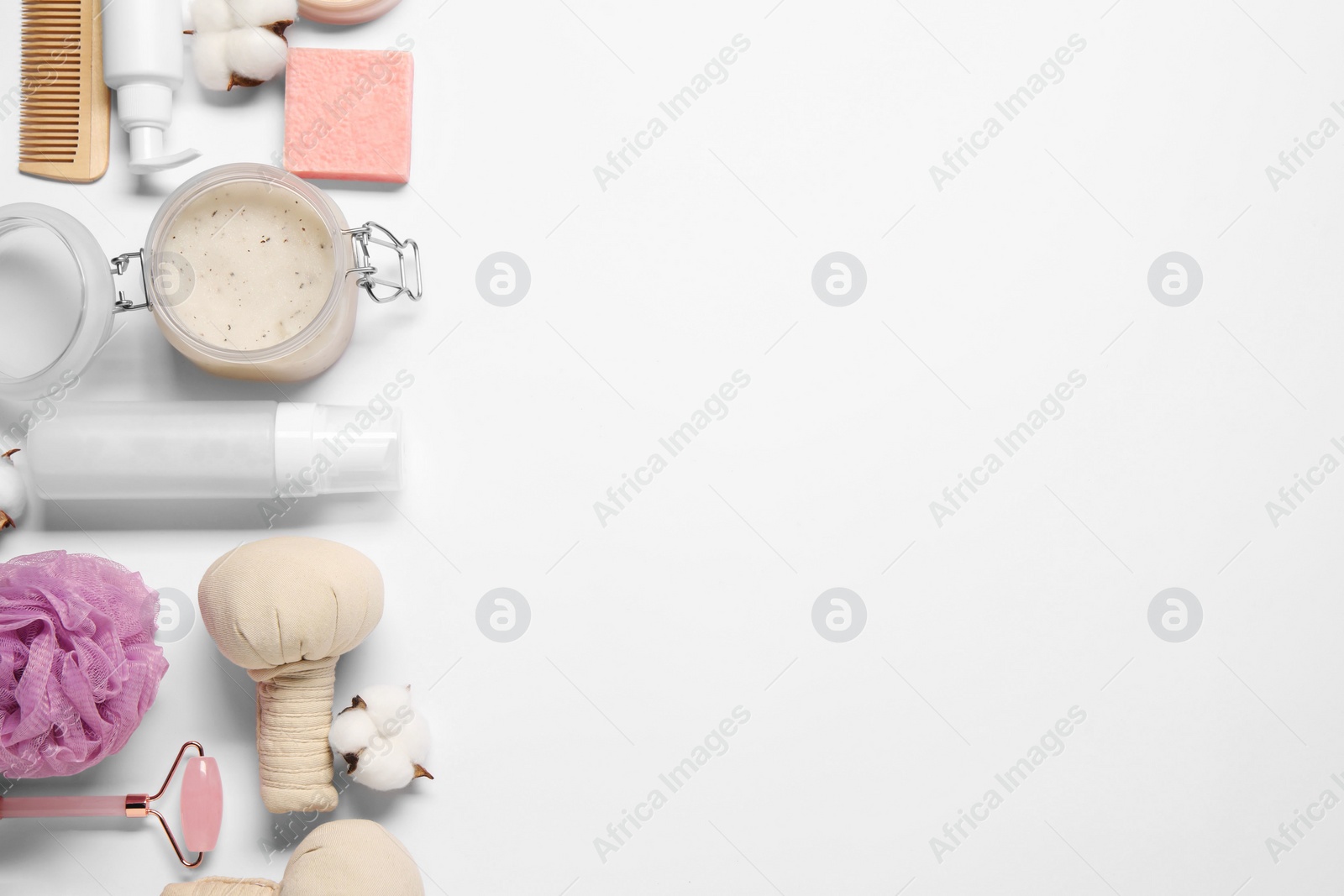 Photo of Bath accessories. Flat lay composition with personal care products on white background, space for text