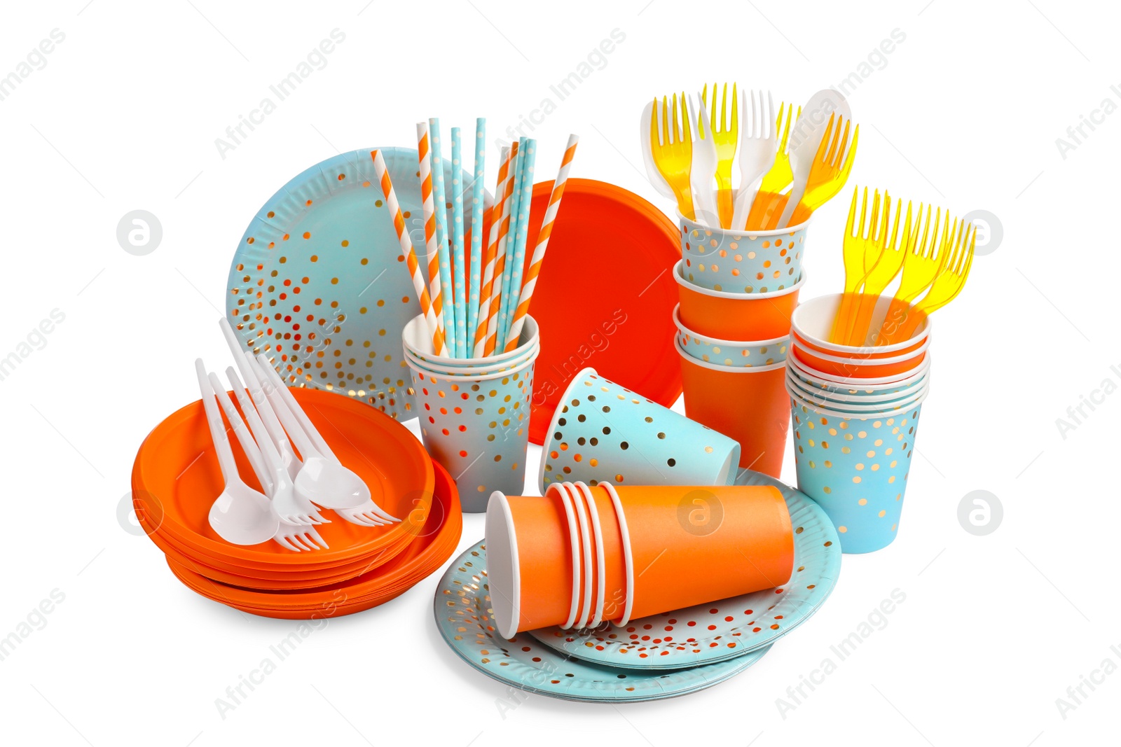 Photo of Set of different disposable tableware on white background