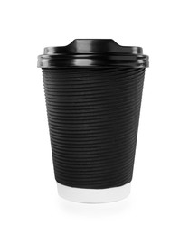 Photo of Black paper cup with plastic lid isolated on white. Coffee to go