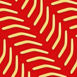 Yellow boomerangs on red background, flat lay