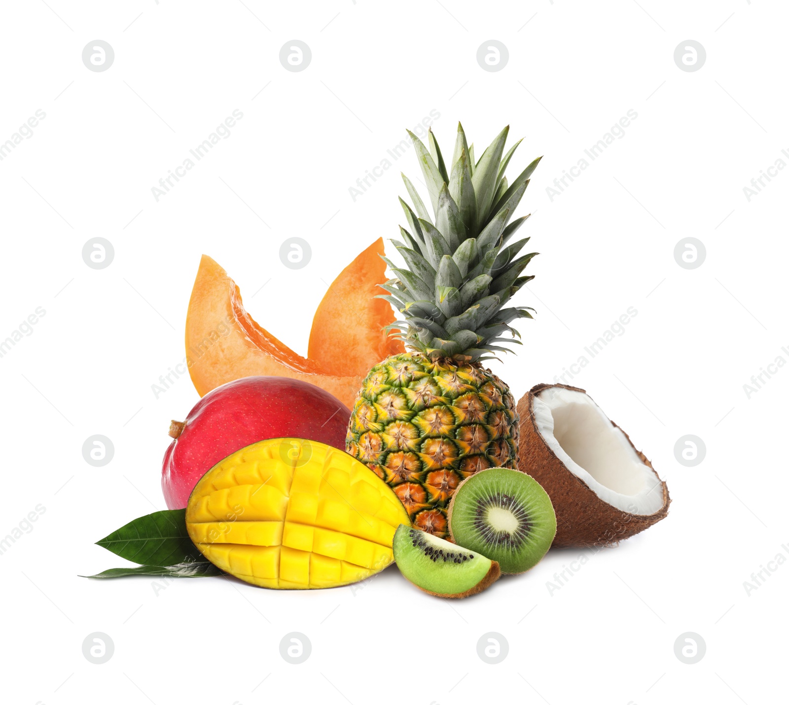 Image of Different exotic juicy fruits on white background