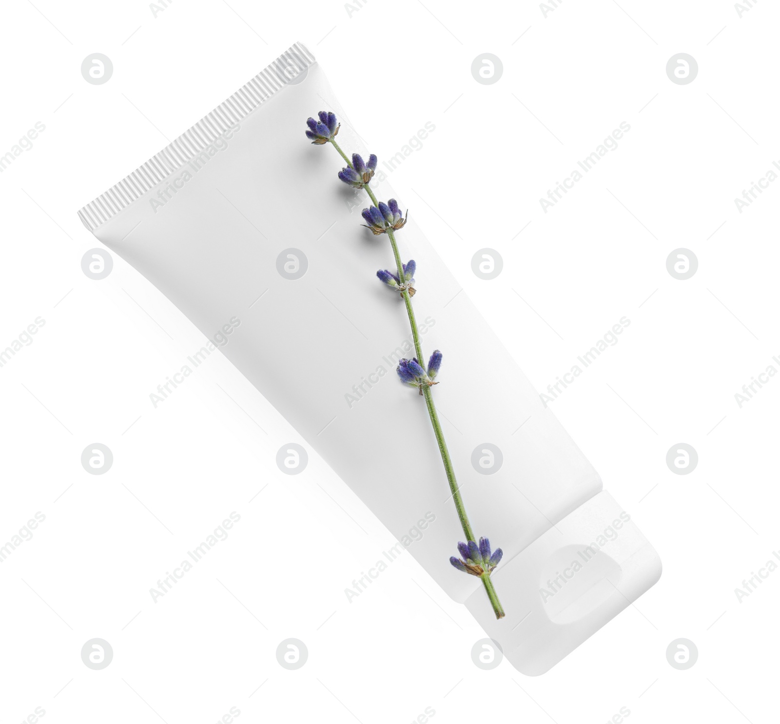 Photo of Tube of hand cream and lavender on white background, top view