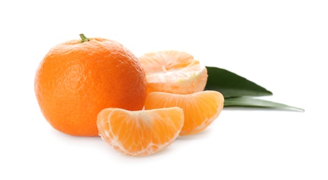 Photo of Fresh ripe tangerines with green leaves on white background