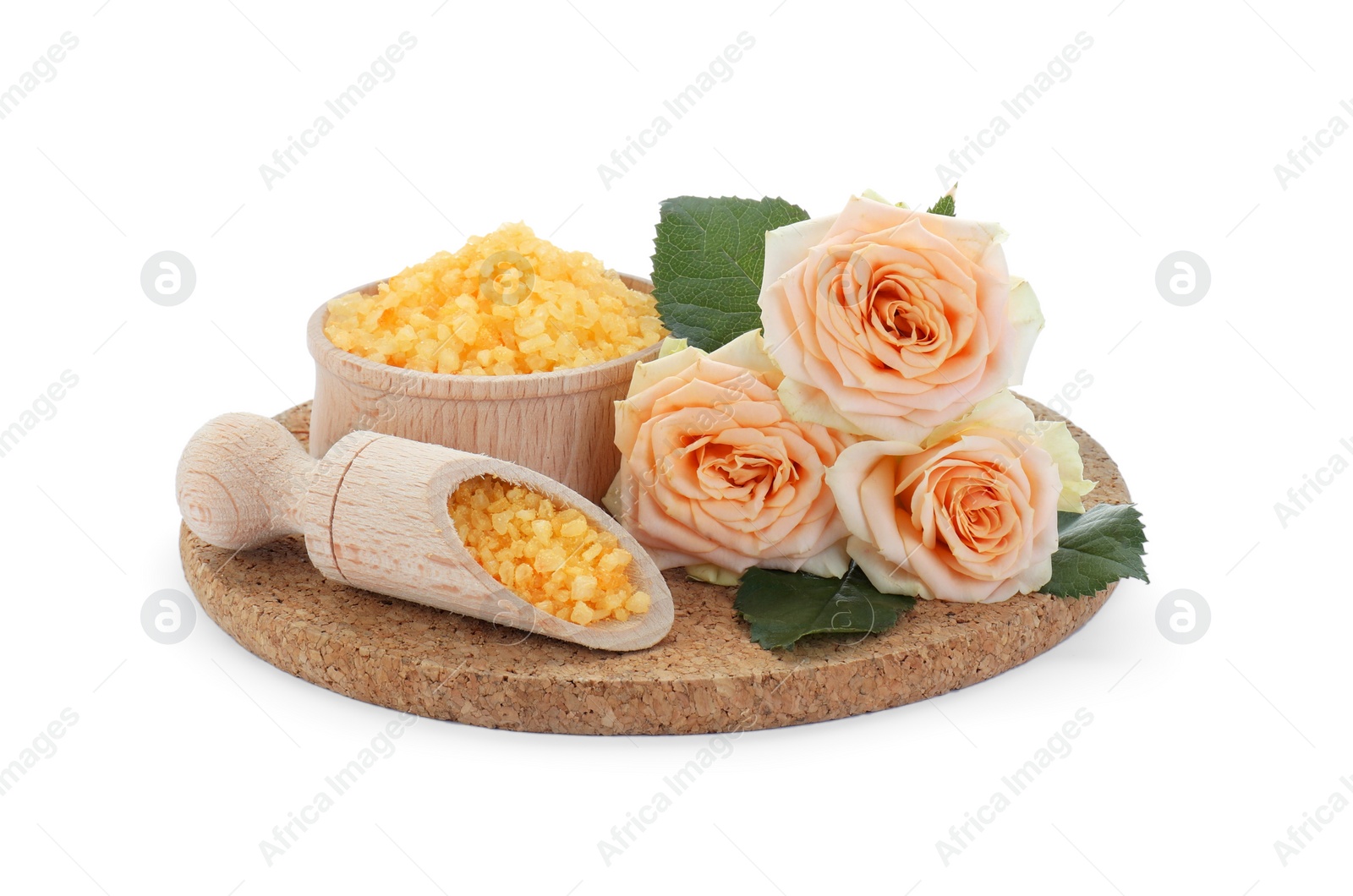 Photo of Yellow sea salt and beautiful roses isolated on white