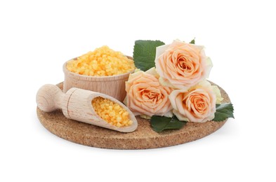 Photo of Yellow sea salt and beautiful roses isolated on white