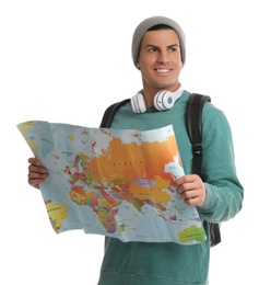 Photo of Man with map on white background. Autumn travel