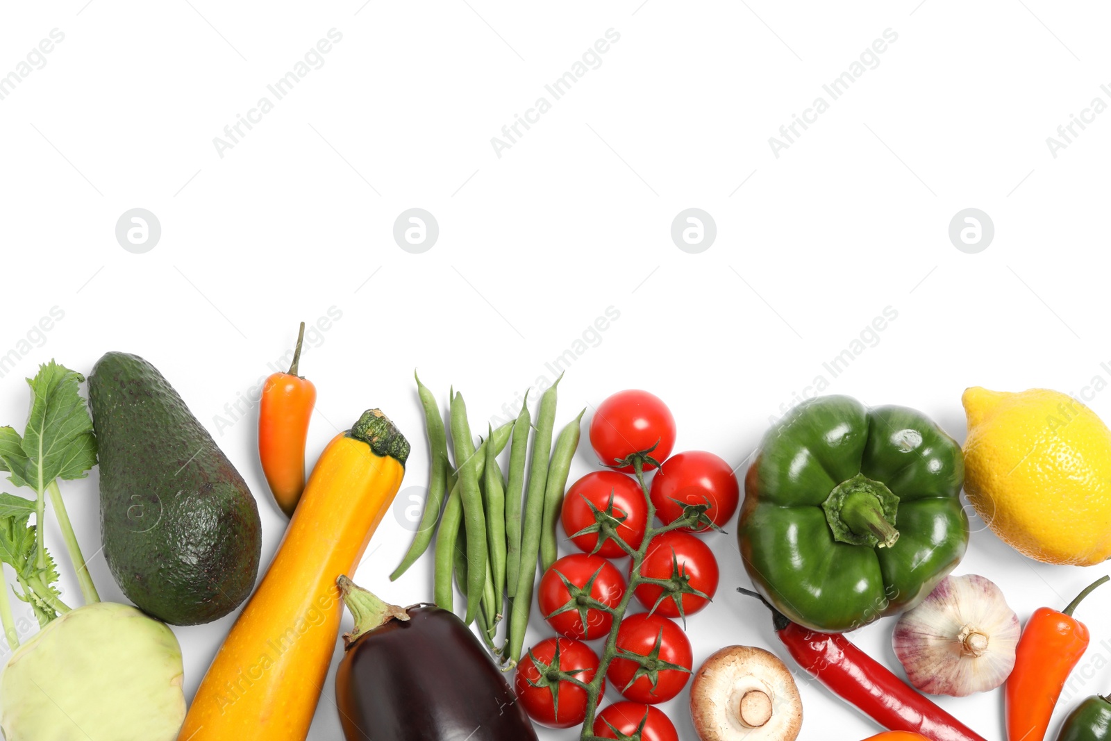 Photo of Many different fresh vegetables on white background, top view