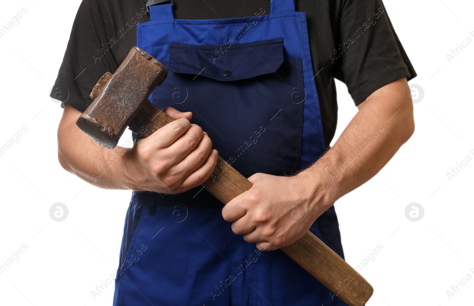 Photo of Man with sledgehammer on white background, closeup