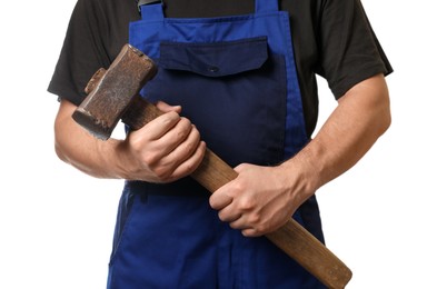 Man with sledgehammer on white background, closeup