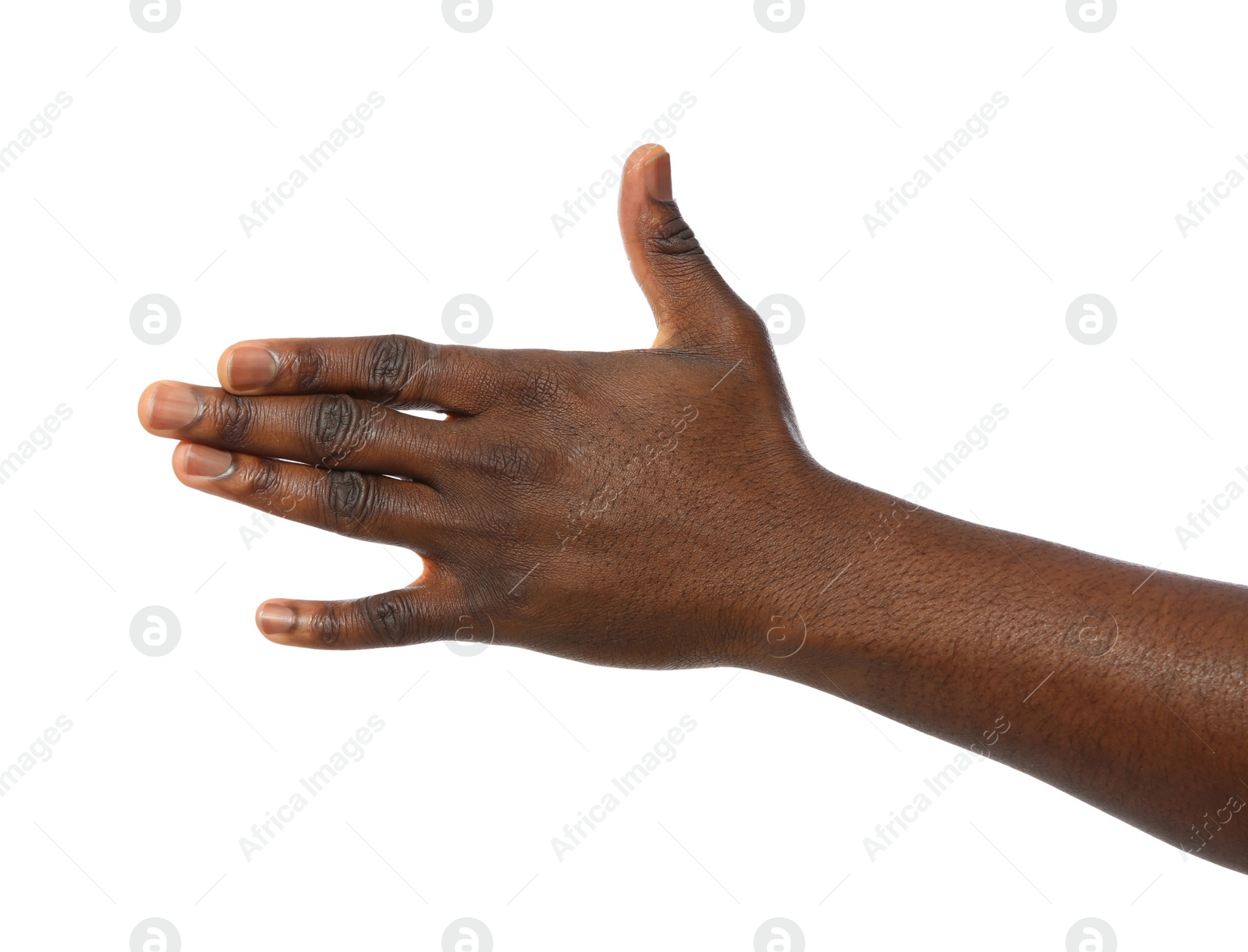 Photo of African-American man extending hand for shake on white background, closeup