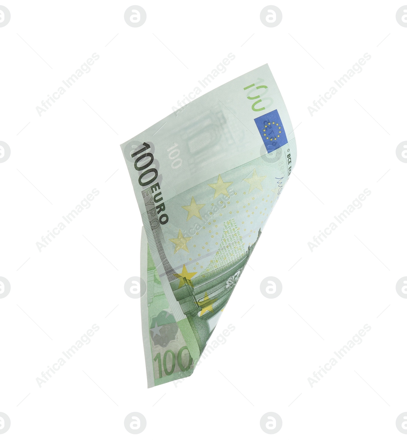 Photo of Euro banknote isolated on white. Flying money