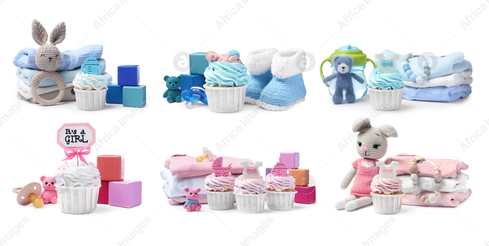 Image of Beautifully decorated baby shower cupcakes, toys and clothes on white background, collage. Banner design