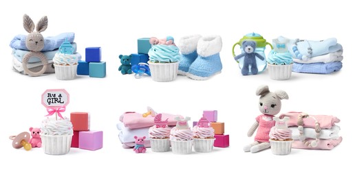 Image of Beautifully decorated baby shower cupcakes, toys and clothes on white background, collage. Banner design