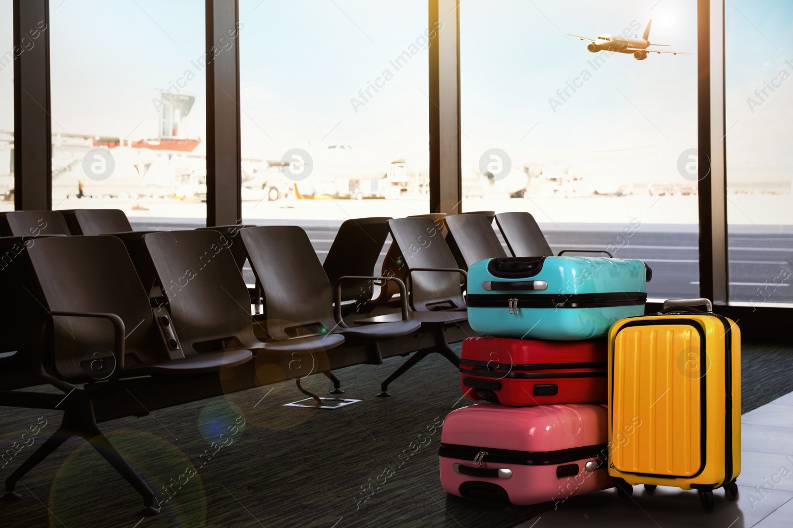 Image of Travel suitcases in airport terminal. Summer vacation