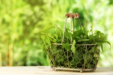 Fresh nettle in metal basket on white wooden table outdoors, space for text