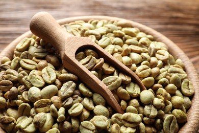 Photo of Green coffee beans and scoop in wooden bowl, closeup