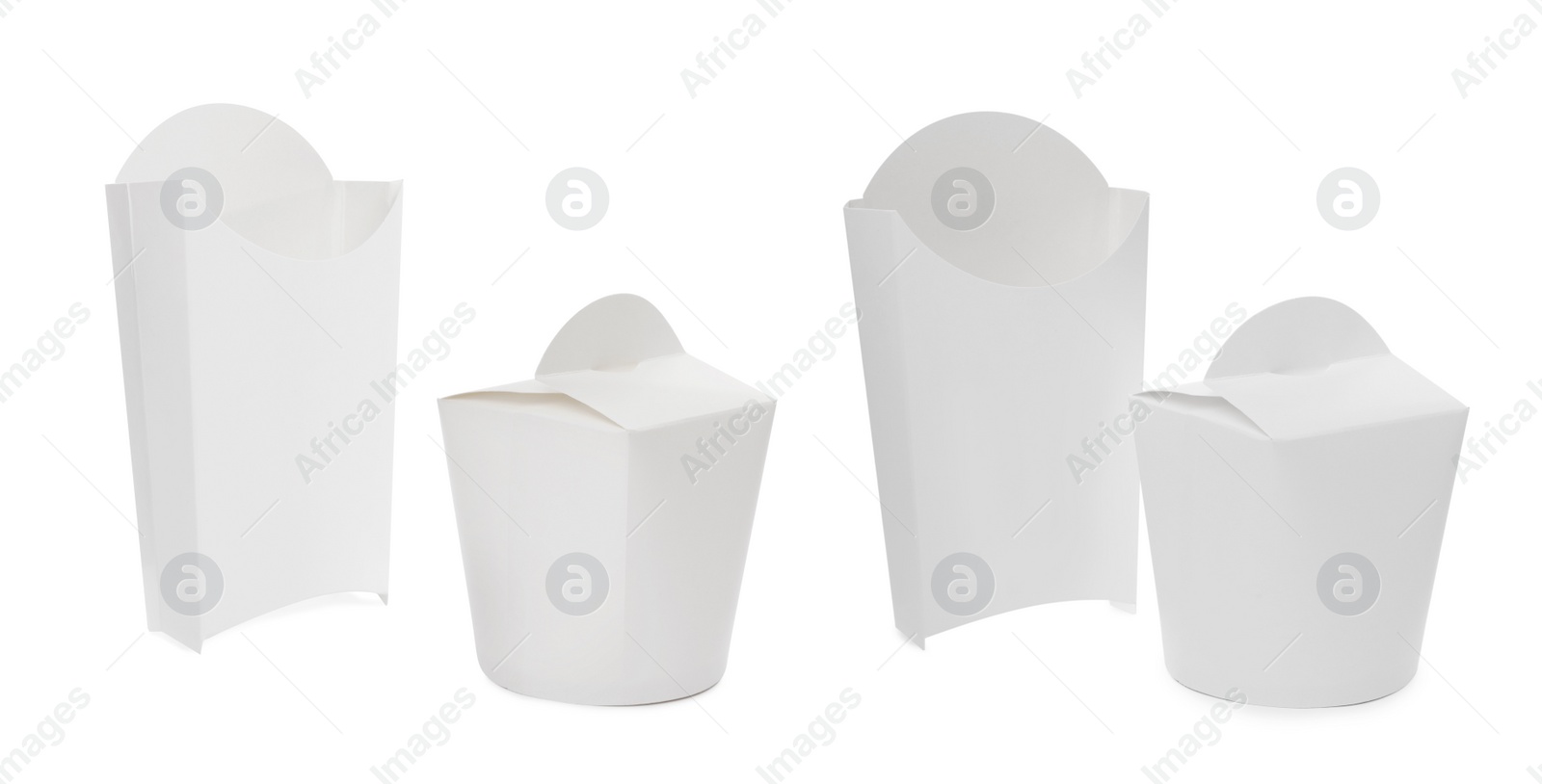 Image of Set with different paper containers for food on white background. Banner design