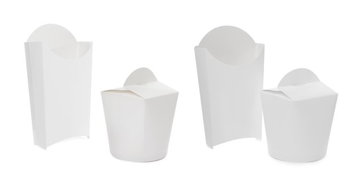 Image of Set with different paper containers for food on white background. Banner design