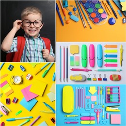 Collage with photos of cute boy and different stationery. Back to school