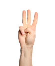 Man showing number six on white background, closeup. Sign language