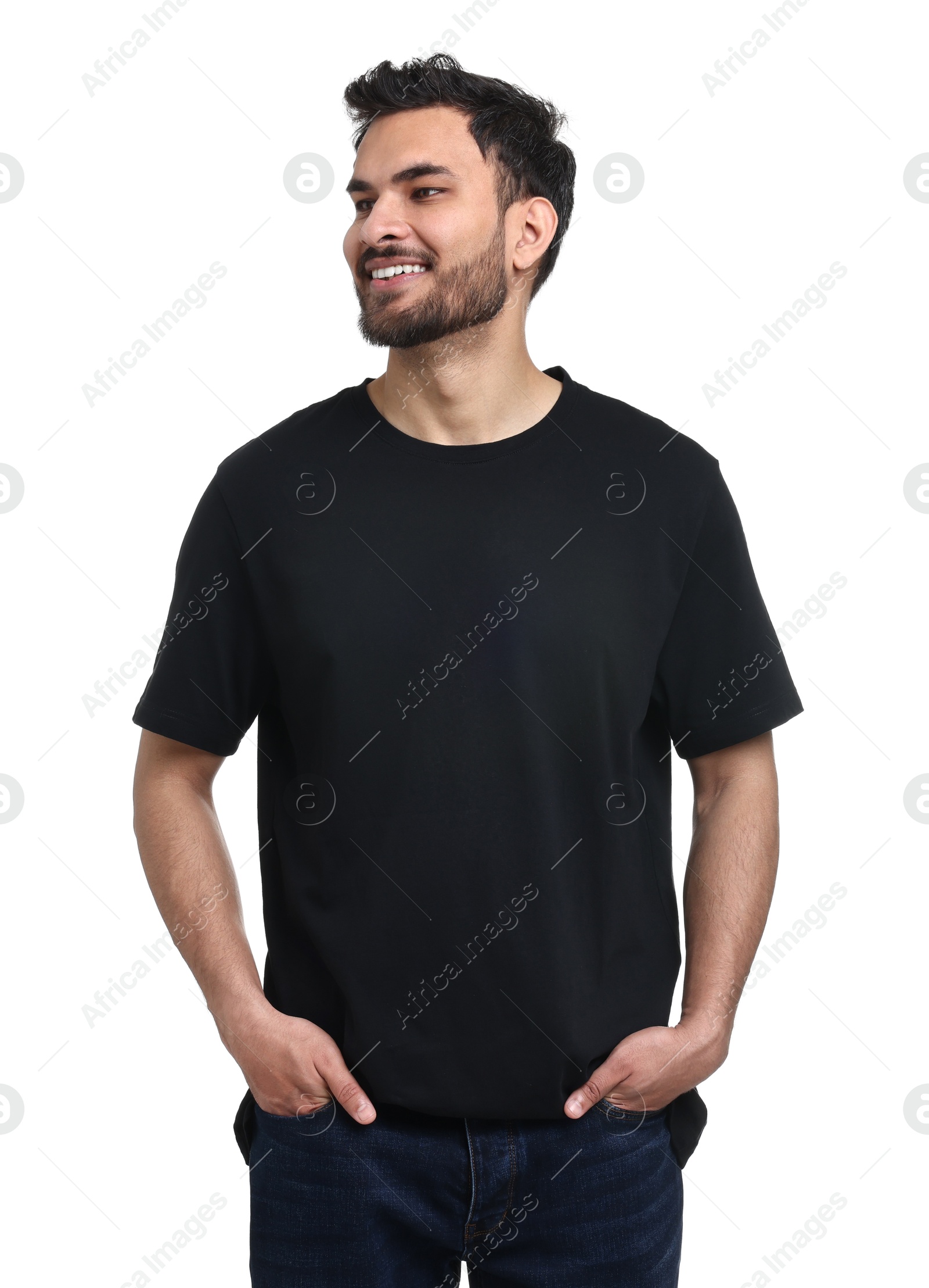 Photo of Smiling man in black t-shirt on white background