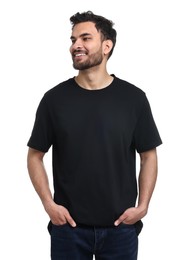 Smiling man in black t-shirt on white background