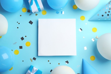 Photo of Flat lay composition with party accessories and space for text on color background