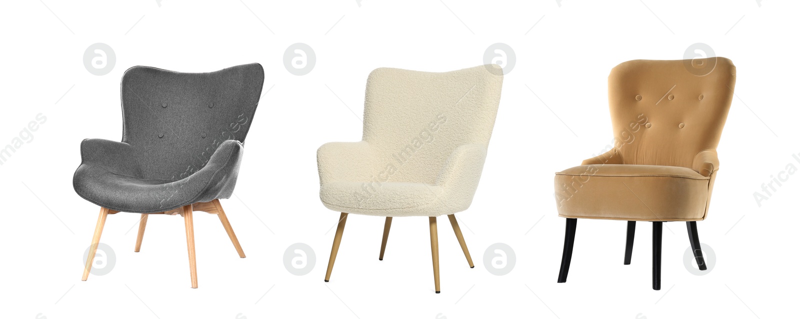 Image of Different comfortable armchairs isolated on white, set