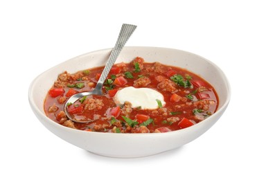 Photo of Bowl of delicious stuffed pepper soup on white background