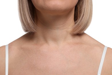 Woman with healthy skin on white background, closeup