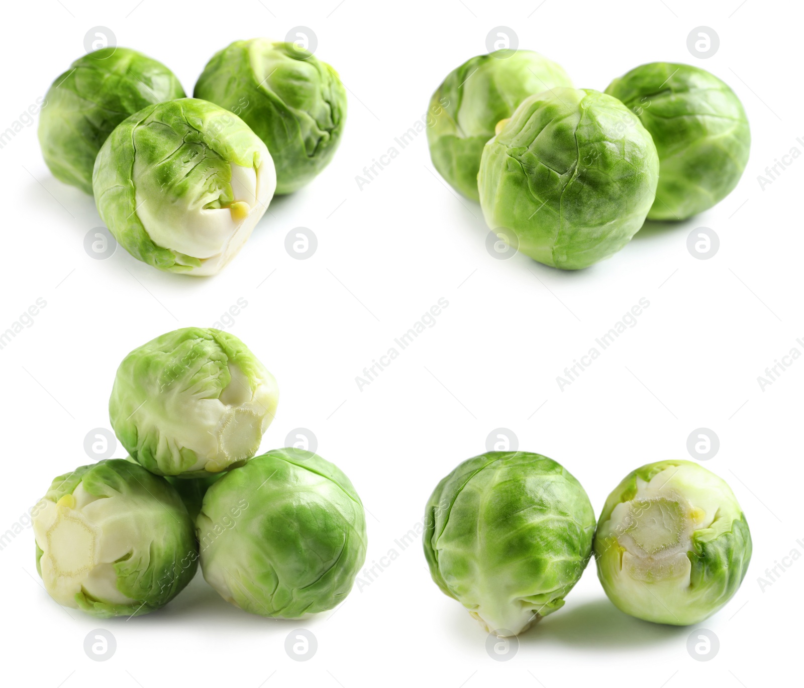 Image of Set of fresh Brussels sprouts on white background