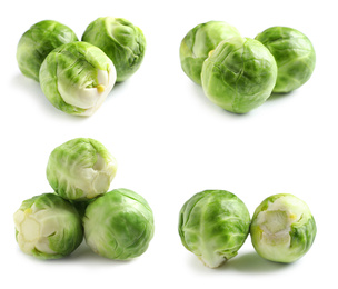 Set of fresh Brussels sprouts on white background