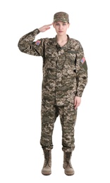 Female soldier on white background. Military service